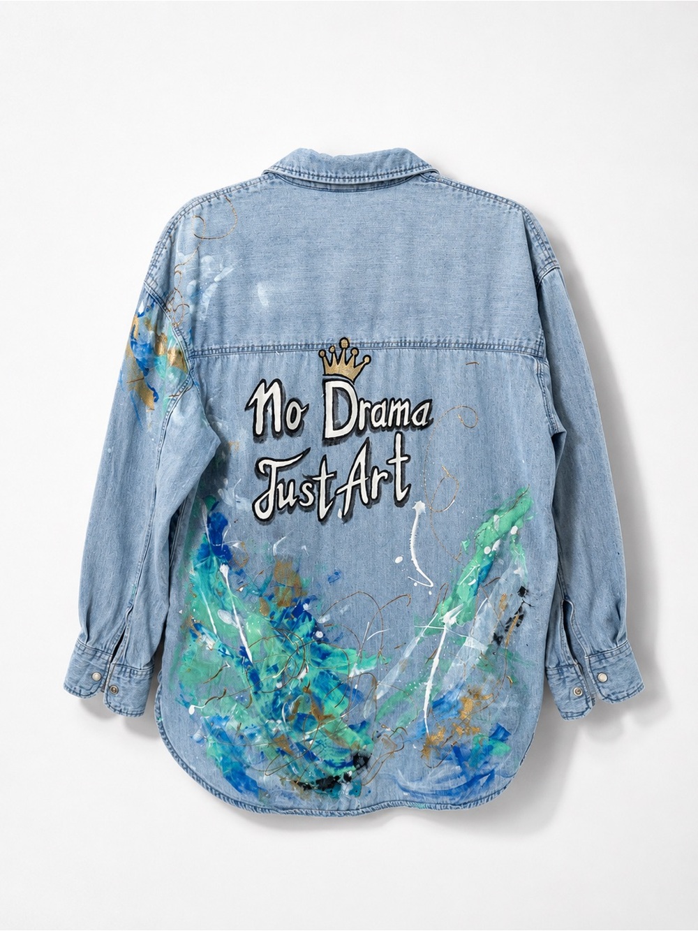 H&M Custom Hand Painted Denim Shirt No Drama Just Art Size S Oversized Boho Art